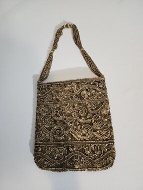 Vintage Gold Beaded Evening Bag with Swirl Sequin Detail